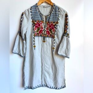 JOHNNY‎ WAS Axton 100% Linen Embroidered Tunic Light Cream Small floral J34418